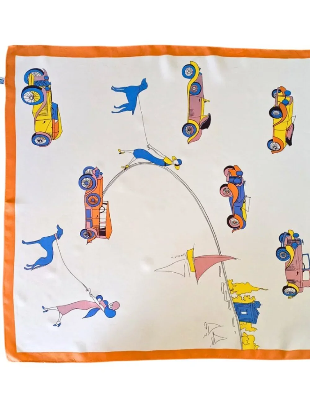 Vintage Japanese Acetate Two Scarf 58x58cm Retro Cars Print Silk Feel Square Sca